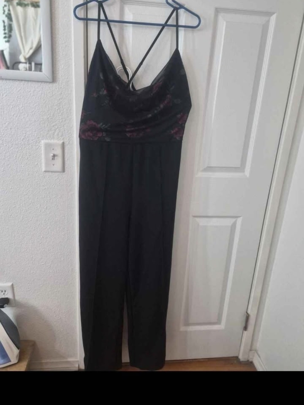 Black Jumpsuit with Burgundy Red Mesh Floral Bodice